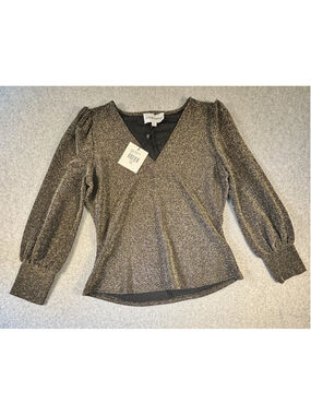 Alex & Parker Womens L Gold Metallic Lurex Wrap Blouse Puff Sleeve NWT $69.50